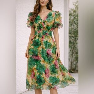 Le Ragazze Floral Ruffle Sleeve Maxi Dress Green Pink Yellow Chiffon Size S